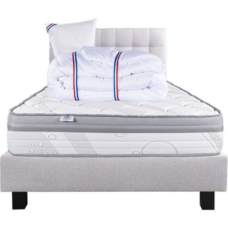 Ensemble Matelas Relaxation, 26 cm, ressorts ensachés, ferme, face été/hiver+sommier gris ep20cm+oreiller+couette+Tête de Lit, 90x190cm (1/5)