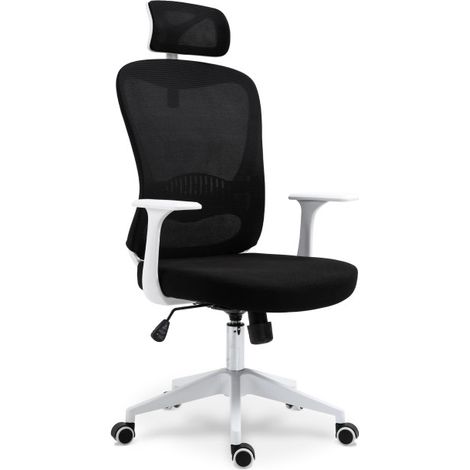 Schwarz-weißer ergonomischer Bürostuhl mit Kopfstütze