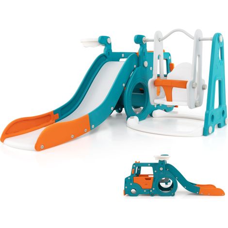 COSTWAY 5-in-1 Kids Slide and Swing Set Kids Slide Indoor Playset w/ Baby Swing (1/5)