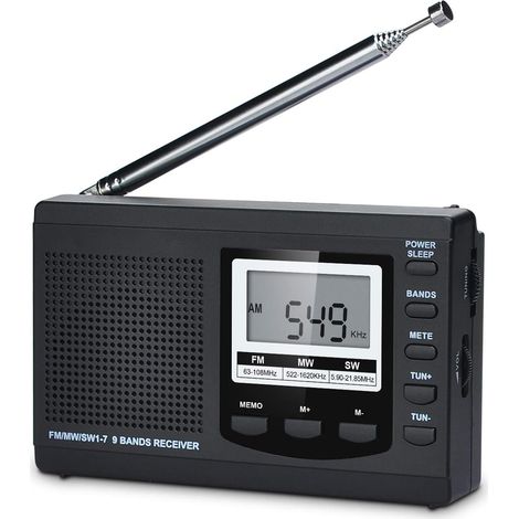 Ra AM/FM/SW DSP large bande, haut-parleurs stéréo, écran LCD, alarme, minuterie, veille, ra portable (noir)