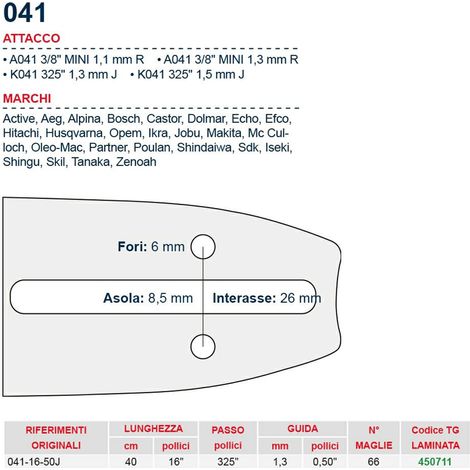 Barra motosega 40 cm - 16" passo .325" Spessore 1.3 mm - .050" attacco 041 - 450711