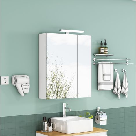 Meuble miroir de salle de bain 60x16x70 cm en MDF et verre blanc, avec rangement mural FloraGrace (1/5)