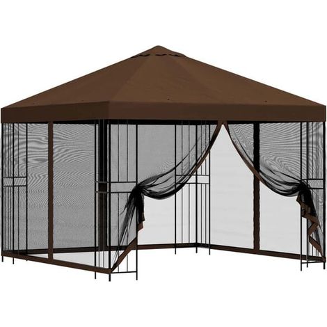 Le chalet de jardin a des murs de 3 x 3 mètres et est fabriqué en fibre de polyester marron et en acier. (1/5)