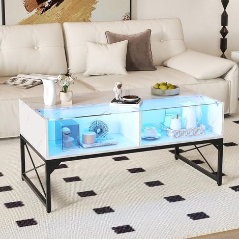 Goplus – Table basse fixe en faux marbre et verre trempé – Éclairage LED 20 couleurs – 4 cubes de rangement – Dimensions 105 x 55 x 50 cm – Charge 200 kg (1/5)