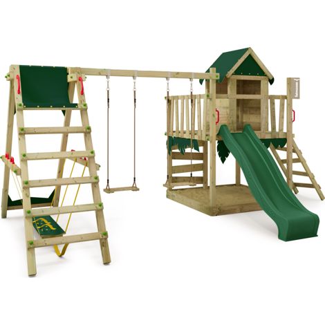 Fatmoose JazzyJungle Jam wooden play tower with surf extension and slide in green