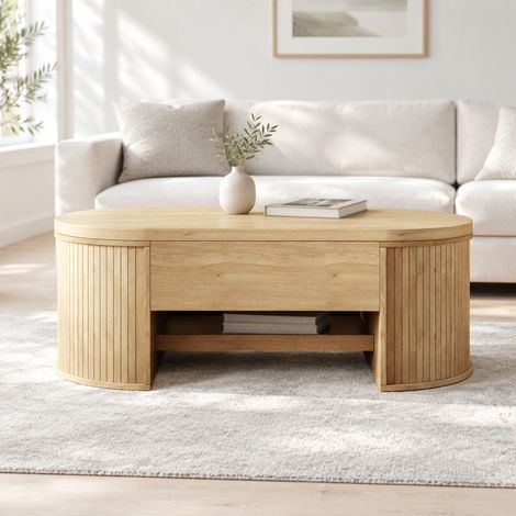 Höhenverstellbarer Couchtisch mit Stauraum und Schiebetablett, 110 x 55,5 cm, MDF Naturholz HAVRYA (1/5)