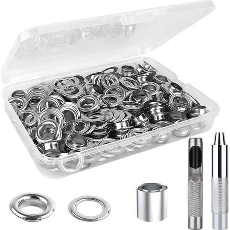 200-Piece Grommet Kit for Tarpaulins with Installation Tools and Storage Box, 12mm Inner Diameter, Silver (1/4)