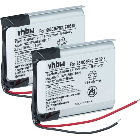 vhbw 2x Battery Replacement for Anker 230518, 653035PN2 for Wireless Headset Headphones (720 mAh, 3.7 V, Li-polymer) (1/4)
