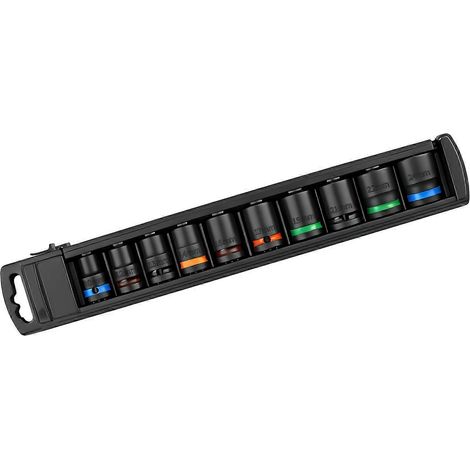 Jeu de douilles à chocs en acier allié, douilles métriques profondes 1/2 pouce (10-24 mm) avec profil 6 pans et rails de rangement multicolores (1/5)