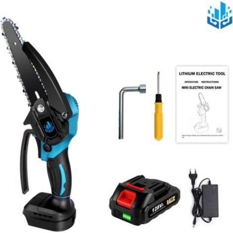 Tronçonneuse à batterie Scie à chaîne électroportative 1200W , Mini tronçonneuse électrique sans fil 6 pouces pour Makita 18V - Vitesse réglable pour la coupe du bois - Bleu avec 1 bat (1/5)