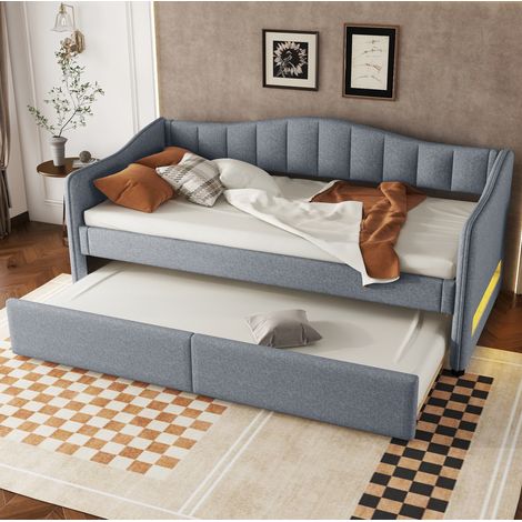 Cama individual juvenil con arrastre y LED lino gris OKMYHOME (1/5)