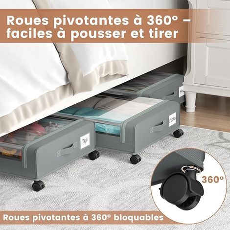 boîtes de rangement sous le lit à roulettes avec couvercle transparent, cadre en tissu et métal, tiroirs pour vêtements, couvertures, chaussures, jouets, gris
