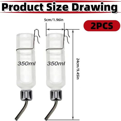 Lot de 2 bouteilles d'eau anti-goutte 350 ml pour petits animaux (lapins, cochons d'Inde, furets, hérissons, écureuils, chinchillas, hamsters)