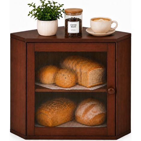 Boîte à pain d'angle pour comptoir de cuisine, boîte de rangement à pain en bambou de grande capacité, boîte à pain à 2 niveaux avec porte en acrylique cannelée pour pain (1/5)