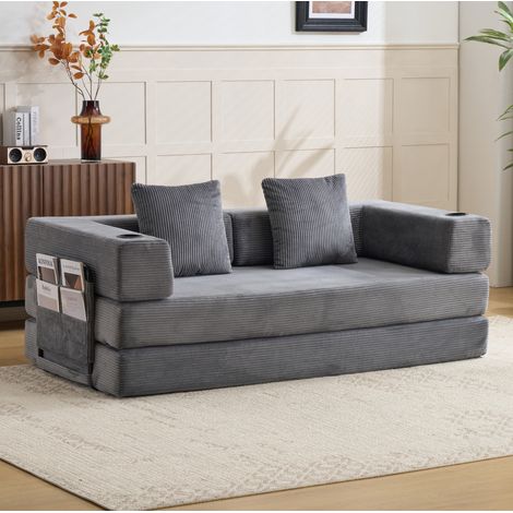 Canapé convertible pliable en velours côtelé gris HAVRYA (1/5)