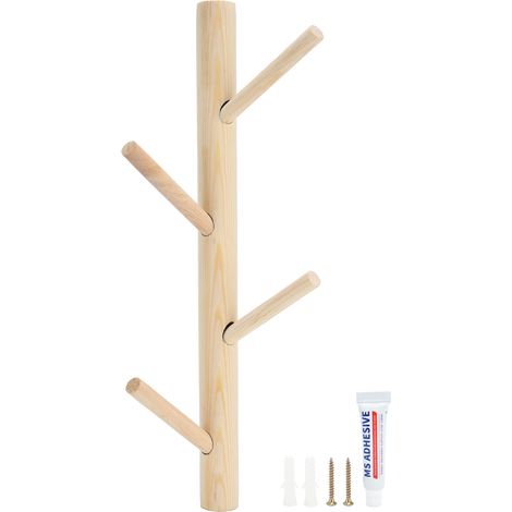 Porte-manteau mural sans perçage, porte-serviettes, porte-chapeaux en forme de branche d'arbre pour salon (couleur bois, 4 crochets) (1/5)