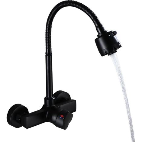 Robinet de cuisine Robinet de cuisine mural chromé à double trou, mitigeur d'eau chaude et froide sans plomb, barboteur de pulvérisation à jet d'eau, tuyau Flexible à Rotation de 360 degrés(Matte Bl (1/5)