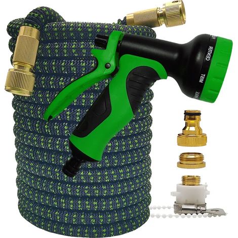 Tuyau d'arrosage haute pression flexible et extensible bicolore (noir et vert avec pistolet, 15 m extensible) pour la maison et le jardin, idéal pour l'irrigation des jardins et des exploitations agri