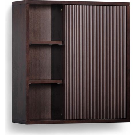 Teamson Home Tremolo Bathroom Wall Cabinet with Open Shelving, Fluted Door and Hidden Storage, Contemporary Wooden Bathroom Furniture, Black Finish (1/5)