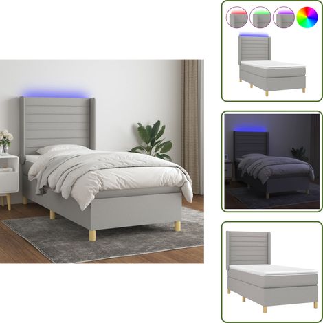 Sommier à lattes de lit matelas LED Gris clair 90x200cm Tissu - Sommier Tapissier - Lit Plateforme - Lit Avec Led - Matelas À Ressorts Ensachés - Têtière Ajustable (1/5)