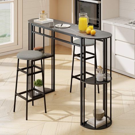 Bar Table 150cm Faux Marble, Black Metal Frame, Storage Shelves (1/5)