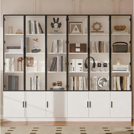 Vitrina alta 240 x 32 x 200 cm con 12 puertas, LED, MDF y vidrio, blanca (1/5)