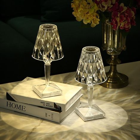 Deux lampes de table en cristal, lampes roses en cristal tactiles, rechargeables, avec 3 lumières à changement de couleur, acrylique + cristal. (1/5)