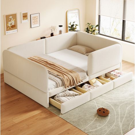 Cama infantil 140x200 cm beige de terciopelo con bordes acolchados y 3 cajones (1/5)