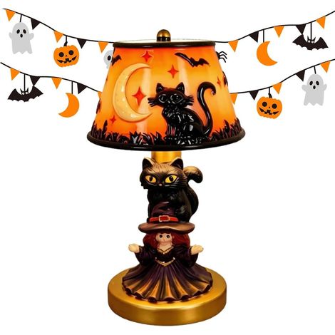 Veilleuse d'Halloween, résine gothique, alimentation USB, décoration centre citrouille, lampe de table chat noir (1/5)