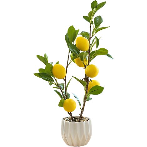 Citron artificiel en pot, plante fruitée artificielle réaliste, 40 cm, à fixer au mur, sur une étagère ou un rebord de fenêtre. (1/2)