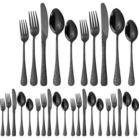 30 pièces couverts vintage, motif floral en relief, ménagère en acier inoxydable noir, service complet pour 6 personnes