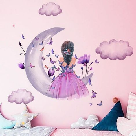 Autocollants muraux papillon fille,lune nuages fleur fée sticker mural, décoration murale florale rose Pink Butterfly Girl STICKERS (1/5)