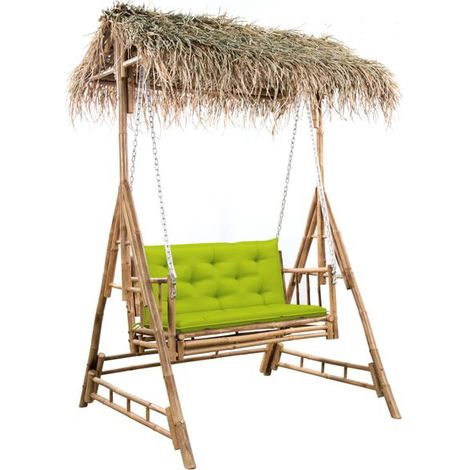 Balançoire double en bambou, avec feuilles de palmier et coussins moelleux, 202 cm (1/5)