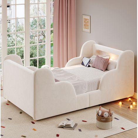 Cama infantil 90x200 cm - Con cabecero con luz nocturna, USB y Tipo C - Con somier - En terciopelo - Beige (1/5)
