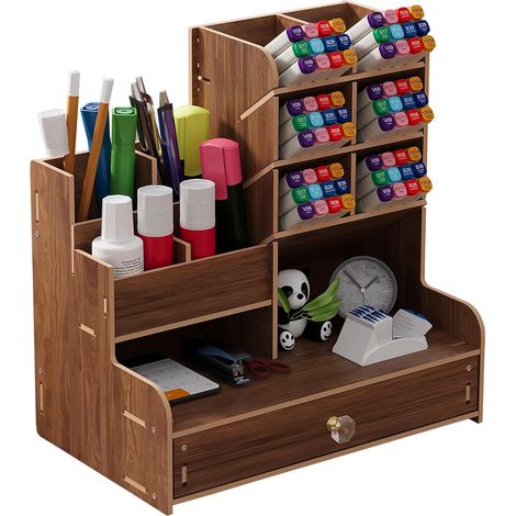 Organiseur de bureau en bois de grande capacité avec tiroir pour la maison, le bureau et l'école (Bois de noyer) (1/5)