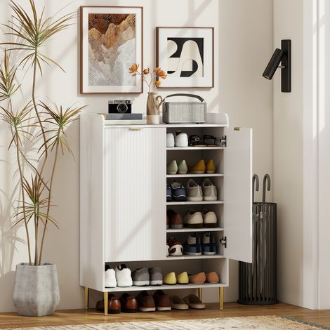 Rangement pour chaussures gain de place pour 24 paires avec 2 portes, 3 étagères amovibles et étagère inférieure, Blanc (1/5)