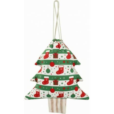 Festive Pine-Shaped Drawstring Christmas Drawstring Bag, Hanging Plush, Fireplace, Families, Striped Stocking, 16x20cm (1/5)