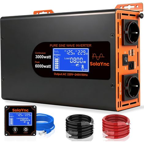 3000W/6000W Convertisseur 12V 220/230V Pur Sinus avec écran LCD, télécommande, 2 Prises AC EU, Interface Type-C 30W et Port USB,pour Voitures, Bateaux, camions (1/5)