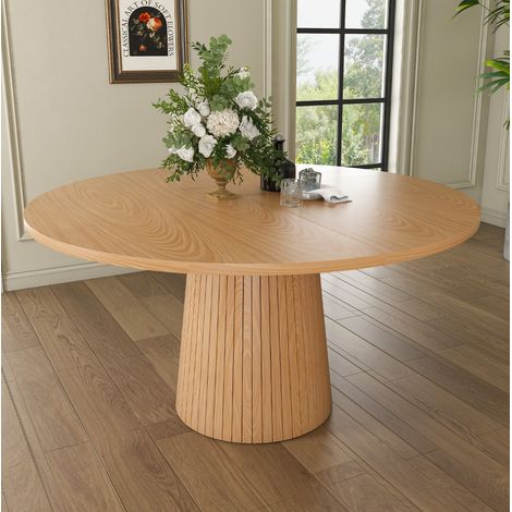 Runder Esstisch 110 cm Landhausstil, MDF-Tischplatte mit Eichenfurnier, zylindrischer Fuß (1/5)
