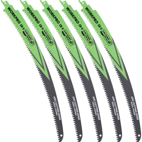 Workpro – Jeu de 5 lames de scie sabre 380 mm – Dents japonaises 6T pour coupe bois humide – Bordure arquée pour coupe précise