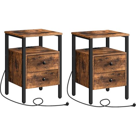 Tables de Chevet Lot de 2 avec Prises et Ports USB, Tables d’Appoint avec Tiroirs et Étagères de Rangement, pour Salon, Chambre, Marron Rustique et Noir (1/5)