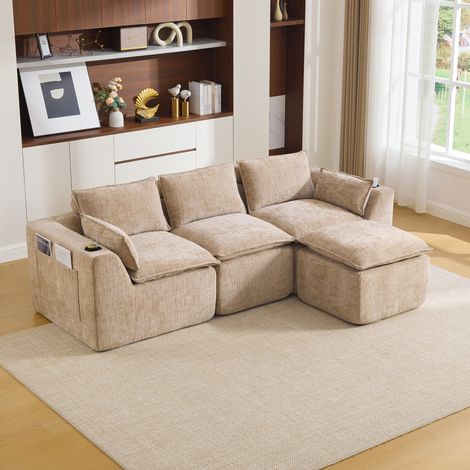 REDOM - Canapé modulaire 256x161x75 cm, avec coussins et poches latérales, mousse à ressorts, chenille kaki (1/5)