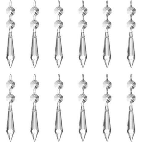 (Pack of 12) 62 mm Ice Prism Pendant Crystal Glass Clear Chandelier Ice Drops Sun Catcher with 12 Octagonal Beads and Rings for Lamp Garden Party Christmas Wedding Decor (1/4)