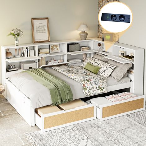 Canapé-lit 160 x 200 cm multifonction en bois blanc avec ports USB et rangement (1/5)