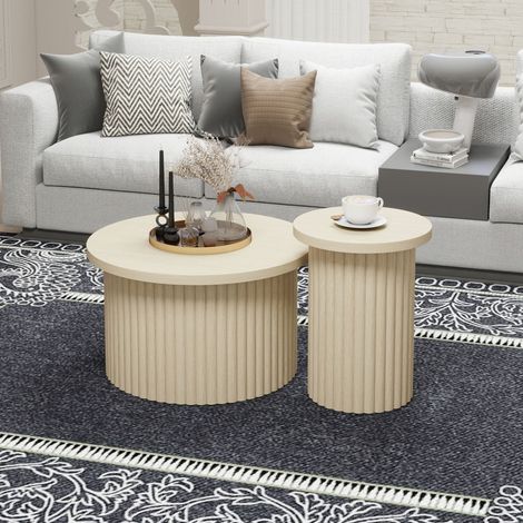 Set de 2 tables basses rondes effet bois naturel avec structure ondulée, design moderne