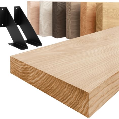 LAMO Manufaktur étagère murale en bois massif, bord régulier, étagère de rangement Vintage, bois naturel / équerre noire 160cm, LWG-01-A-002-160VS