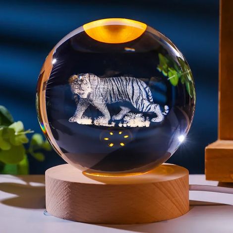 Boule de cristal colorée avec support lumineux LED, décoration en verre gravée au laser