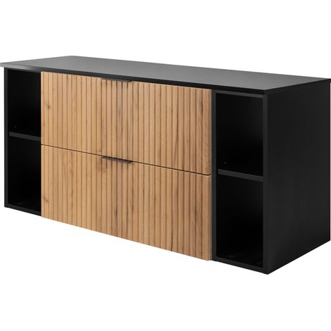 Furnidea - Meuble sous vasque FLOW CHÊNE 120 cm avec 2 x l'étagères - extensions et plan NOIR - 2 tiroirs - façades rainurées (1/5)