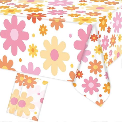 Nappe Groovy Daisy en plastique à fleurs bohèmes rétro hippies, nappe rectangulaire jetable pour anniversaire, baby shower ou mariage bohème années 70 (1/4)