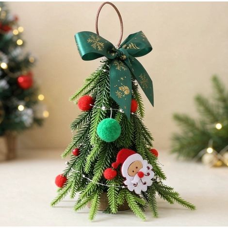 Sapin de Noël suspendu 21cm, nœud ruban vert à motifs dorés et décoration Père‑Noël (1/4)